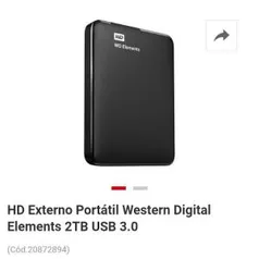 HD Externo Portátil Western Digital Elements 2TB USB 3.0
- 360,90