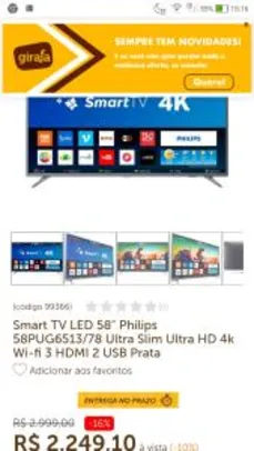 Smart TV LED 58" Philips 58PUG6513/78 Ultra Slim Ultra HD 4k Wi-fi 3 HDMI 2 USB Prata