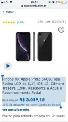 iPhone XR Apple Preto 64GB, Tela Retina LCD de 6,1”, R$ 3059