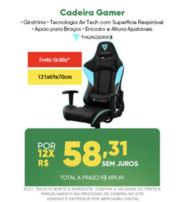 Cadeira Gamer ThunderX3 EC3 - Frete Grátis - R$ 699
