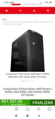 Computador Pichau Home, AMD Ryzen 5 3400G, 8GB DDR4, SDD 120GB, 500W, TGT Raider - R$1937