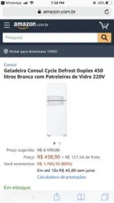 [Bug] Geladeira Consul Cycle Defrost Duplex 450 litros Branca com Patreleiras de Vidro 220V - R$438