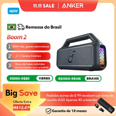 [R$ 699 COM MOEDAS/BRASIL] Soundcore by Anker Boom 2 Alto-falante externo 80W, Bluetooth 5.3, BassUp 2.0 Alto-falante 24H de reprodução