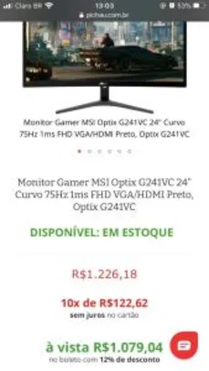 Monitor Msi Optix G241vc, 24" tela curva | R$1.080