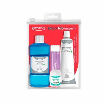 Kit Viagem Powerdent Escova de Dente + Fio Dental + Pasta de Dente + Enxaguante Bucal