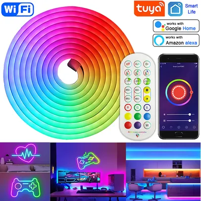 [Novas Contas R$16,13] RGB Flexível LED Neon Strip Light, Tuya Smart Life, DC 12V, Fita LED 