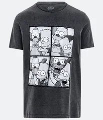 Camiseta Regular em Meia Malha com Estampa Bart e Krusty Preto Marmorizado