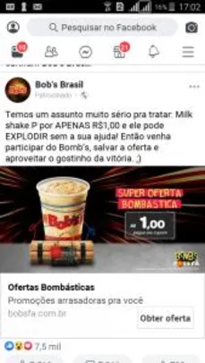 Milk Shake BOB'S por R$1