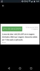 25% OFF em 4 corridas no UBER