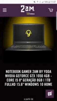 NOTEBOOK GAMER 2AM BY YODA NVIDIA GEFORCE GTX 1050 4GB - CORE I5 8ª GERAÇÃO 8GB | 1TB FULLHD 15.6" W10 | R$3.284