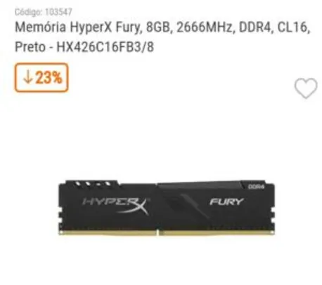 Memória HyperX Fury, 8GB, 2666MHz, DDR4, CL16, Preto - R$290