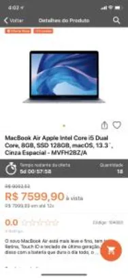 MacBook Air Apple Intel Core i5 Dual Core, 8GB, SSD 128GB, macOS, 13.3´, Cinza Espacial - MVFH2BZ/A