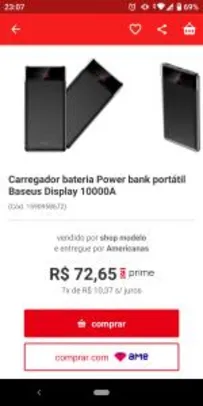 [Prime] ESTOQUE NO BRASIL Power Bank Baseus 10.000mAh Fino Digital Display | R$ 73