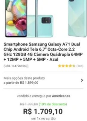 Smartphone Samsung Galaxy A71 Dual Chip Android | R$ 1709