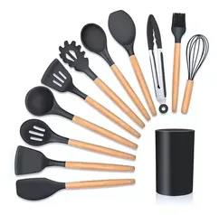 Kit C/12 Colheres De Cozinha De Silicone Cabo Madeira