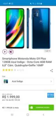 (CLIENTE OURO+CASHBACK = R$1689 )Smartphone Motorola Moto G9 Plus 128GB Azul Indigo 