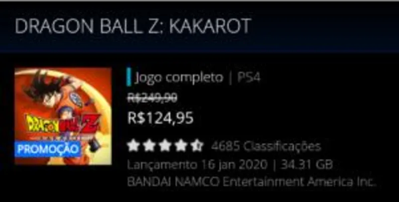 DRAGON BALL Z: KAKAROT [PS STORE] | R$ 125