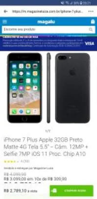 iPhone 7 Plus Apple 32GB Preto Matte 4G Tela 5.5” - Câm. 12MP + Selfie 7MP iOS 11 Proc. Chip A10 - R$2789