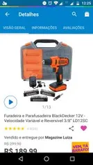 Furadeira e Parafusadeira BlackDecker 12V - Velocidade Variável e Reversível 3/8” LD12SC - R$189