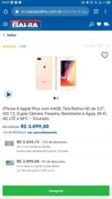 iPhone 8 Plus 64GB, Tela Retina HD 5,5”, iOS 12 - Dourado R$2634