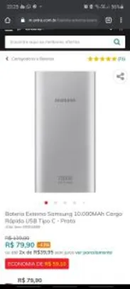 Bateria Externa Samsung 10.000MAh Carga Rápida USB Tipo C - Prata | R$ 79