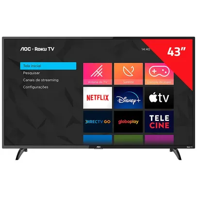 Smart TV LED 43" Full HD AOC Roku com wi-fi, controle remoto, miracast