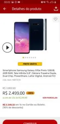 Smartphone Samsung Galaxy S10e Preto 128GB, 6GB RAM - R$2500