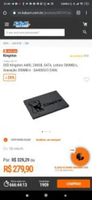 SSD Kingston A400, 240GB, SATA, Leitura 500MB/s, Gravação 350MB/s - SA400S37/240G | R$280