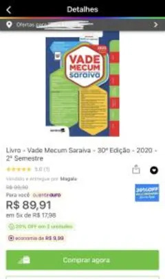 [Somente no APP - Clube da Lu + 20% OFF em 2 unid. + CUPOM ] Vade Mecum Saraiva - 30ª - 2020 | R$64