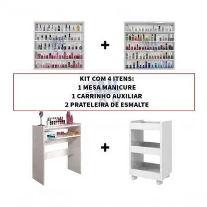 Kit Mesa + 2 Porta Esmaltes Prateleira + Carrinho Auxiliar Br Manicure- Ajl