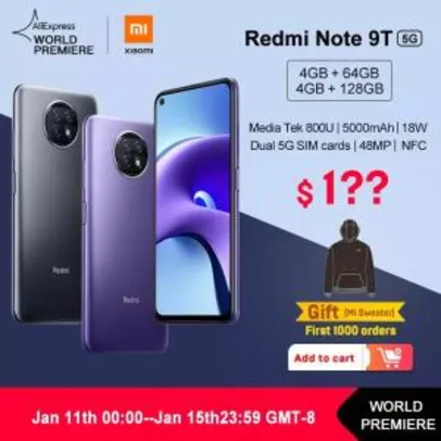 Saindo por R$ 1096: [Pré-venda] Redmi Note 9T 5G (Mediatek Dimensity 800U) 4Gb/64Gb - R$1096 | Pelando
