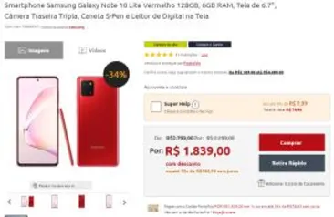 Samsung Galaxy Note 10 Lite Vermelho 128GB, 6GB RAM, Tela de 6.7", Câmera Traseira Tripla, Caneta S-Pen e Leitor de Digital na Tela