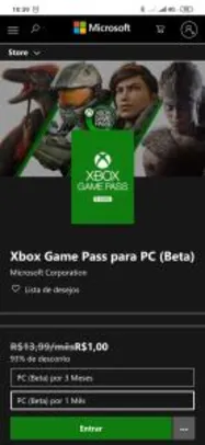 Xbox Game Pass para PC, 1 mês por R$1 ou 3 meses por R$13,99.