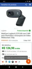 WebCam Logitech C270 HD com 3 MP por R$ 90