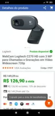 WebCam Logitech C270 HD com 3 MP por R$ 90