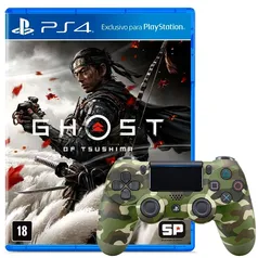 Kit Controle Sony Dualshock 4 PS4, Sem Fio, Camuflado + Jogo Ghost of Tsushima PS4