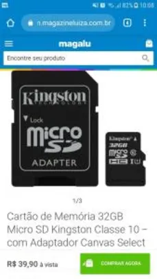 Cartão de Memória 32GB Micro SD Kingston Classe 10 - com Adaptador Canvas Select - R$5