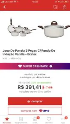 [AME R$ 273] Jogo De Panela 5 Peças C/ Fundo De Indução Vanilla - Brinox | R$ 391