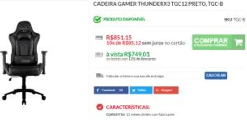 Cadeira Gamer Thunderx3 TGC12 Preto, TGC-B | R$749