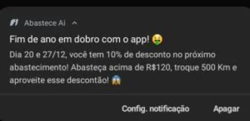 10% de desconto no Abastece Aí acima de R$ 120,00 + 500km dias 20 e 27 de dezembro