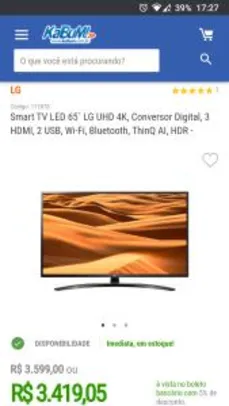 Smart TV 4k LG 65' Modelo 7470 | R$ 3419