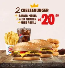 Combo BK: 2 cheeseburger + batata média +  bk chicken + free refil