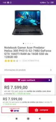 [R$6.459 com AME] Notebook Acer Predator Helios GTX 1660ti I7 | R$7.599