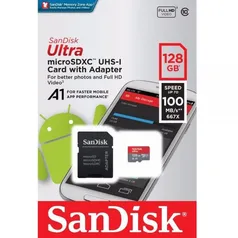 Cartão de Memória 128gb SanDisk 100MB/S, C10, A1, Full HD