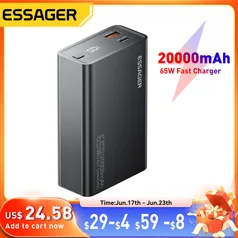 Essager Powerbank para Telefone, Laptop, Tablet, Mac, PD, 65W, 20000mAh