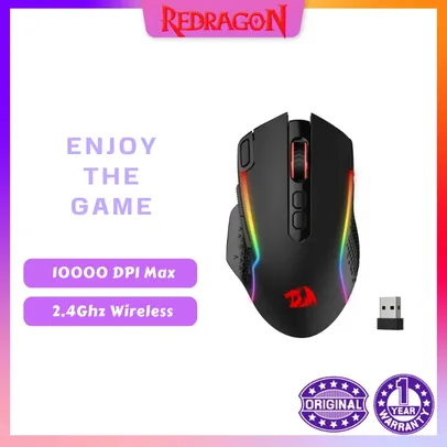 Redragon M810 Pro, Mouse gamer sem fio, 10000 Dpi, Com fio/sem fio com botão turbo fire, 8 botões macro, 45 Horas.