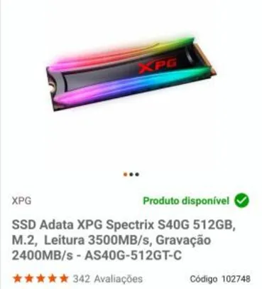 SSD Adata XPG Spectrix S40G 512GB, M.2 - R$581
