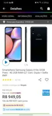 [APP] (R$650 com cashback) Smartphone Samsung Galaxy A10s 32GB