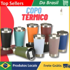 Copo Térmico Aço Inox Sortido Com Tampa Abridor 473mL Bebida Gelada Quente Cerveja 