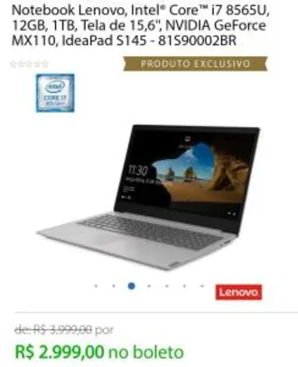 Notebook Lenovo, Intel® Core™ i7 8565U, 12GB, 1TB, Tela de 15,6'', NVIDIA GeForce MX110, IdeaPad S145 - R$2999